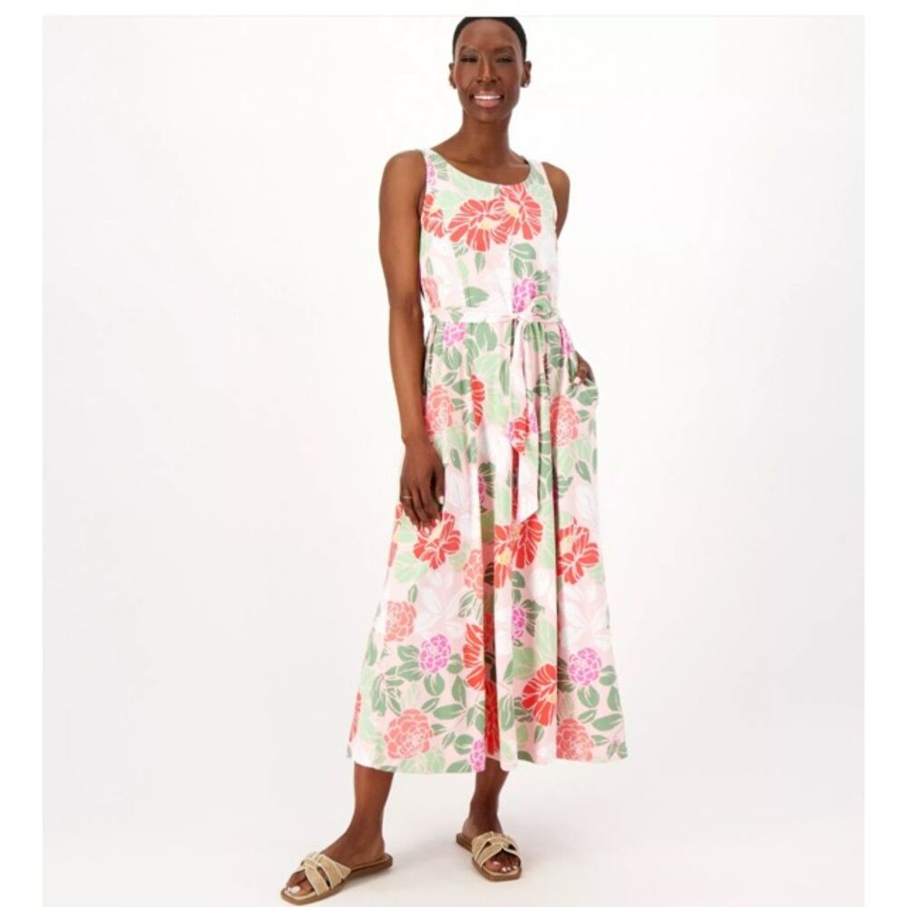 CUDDL DUDS PINK FLORAL KNIT MAXI DRESS PETITE SIZE LARGE with POCKETS